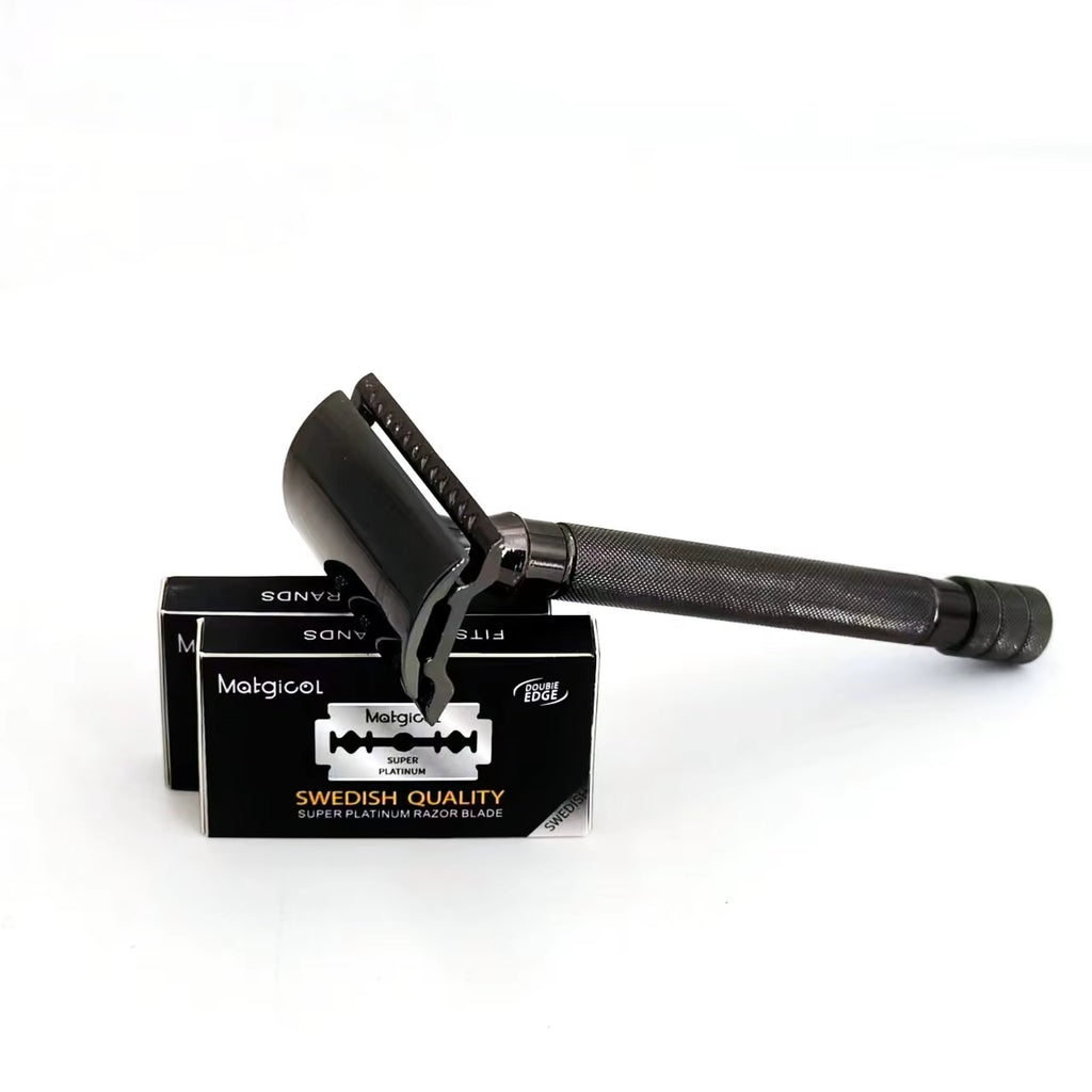 Aluminum Alloy Handle Double Edge Safety Razor with 5 Blades - Ideal for Women and Men'S Grooming