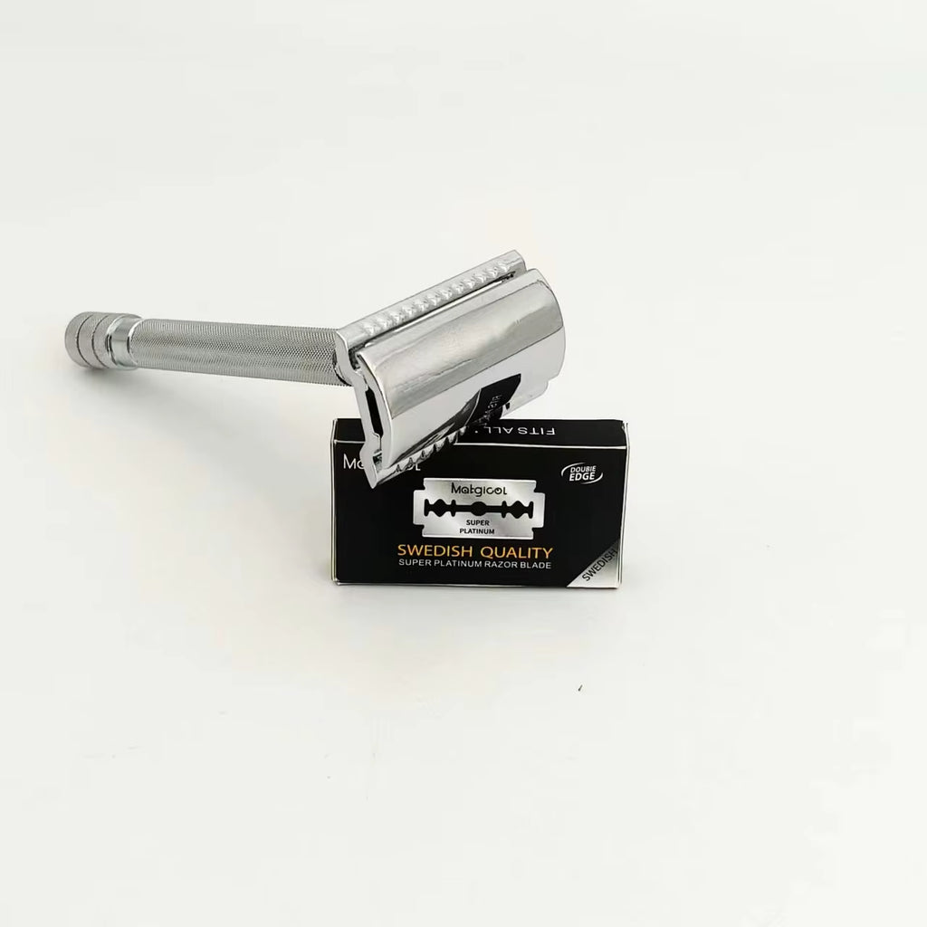 Aluminum Alloy Handle Double Edge Safety Razor with 5 Blades - Ideal for Women and Men'S Grooming