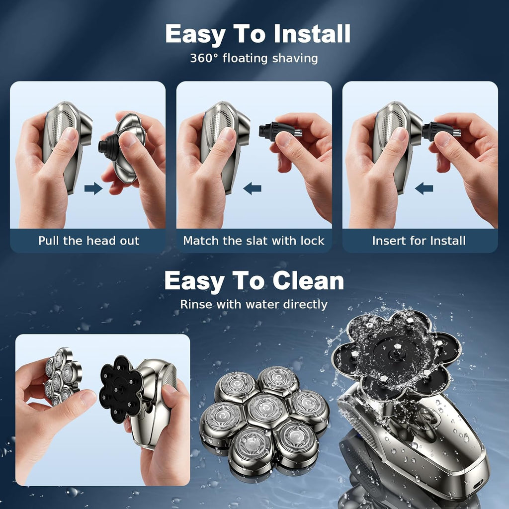 7D Head Shavers for Bald Men, Upgrade 5 in 1 Waterproof Electric Razor Men'S Grooming Kit, Detachable Wet/Dry Anti-Pinch Head Shavers for Bald Men, LED Display Type-C Charge Head Shaver