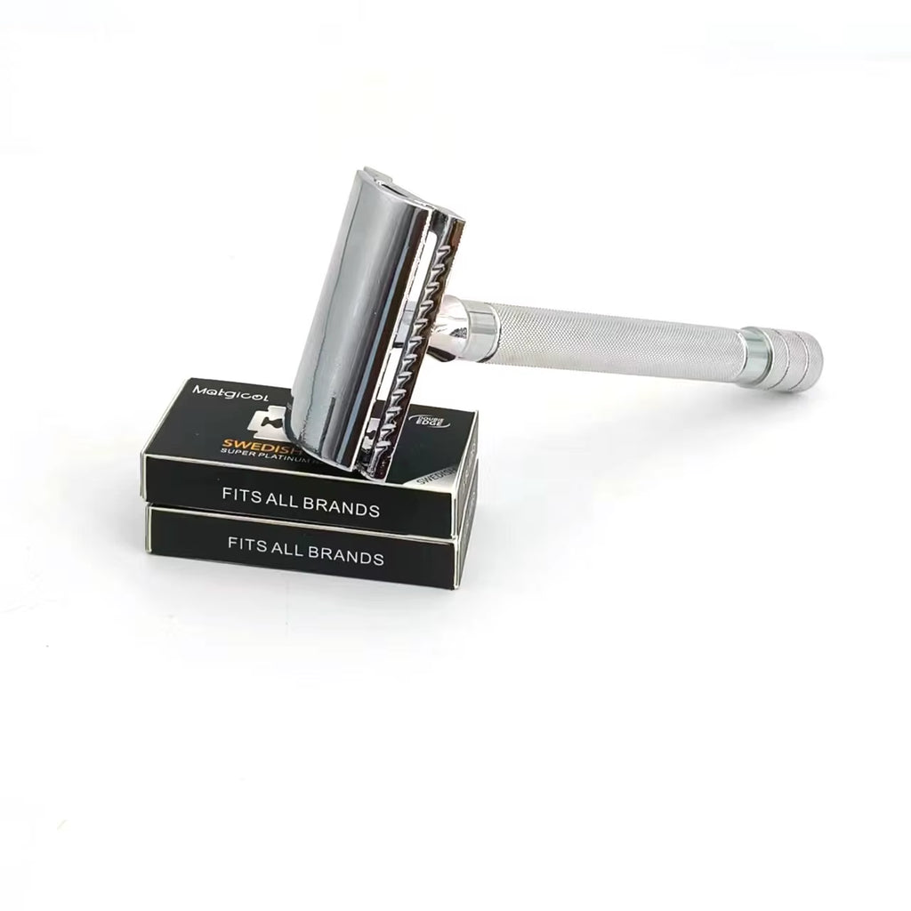 Aluminum Alloy Handle Double Edge Safety Razor with 5 Blades - Ideal for Women and Men'S Grooming