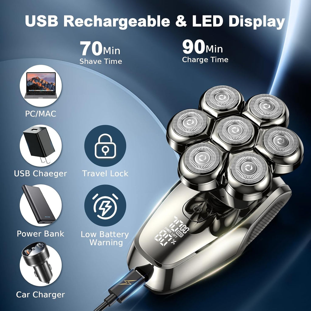 7D Head Shavers for Bald Men, Upgrade 5 in 1 Waterproof Electric Razor Men'S Grooming Kit, Detachable Wet/Dry Anti-Pinch Head Shavers for Bald Men, LED Display Type-C Charge Head Shaver