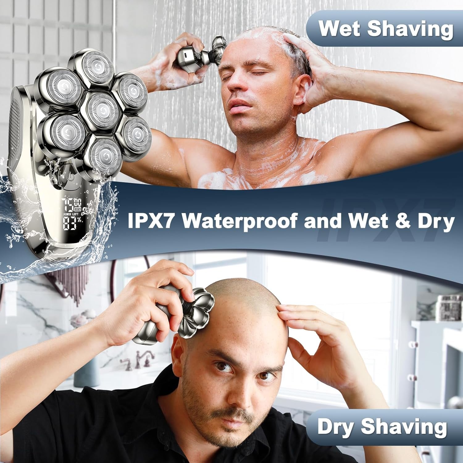 7D Head Shavers for Bald Men, Upgrade 5 in 1 Waterproof Electric Razor Men'S Grooming Kit, Detachable Wet/Dry Anti-Pinch Head Shavers for Bald Men, LED Display Type-C Charge Head Shaver